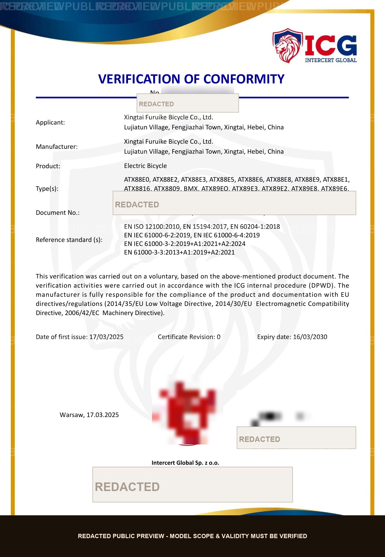 ICG Verification of Conformity certificate