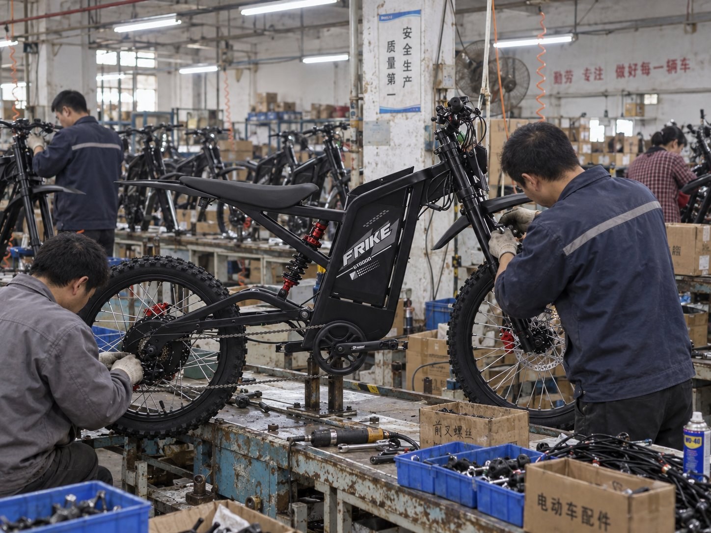 Assembly line at our manufacturing partner's facility in Xingtai — workers building electric bikes