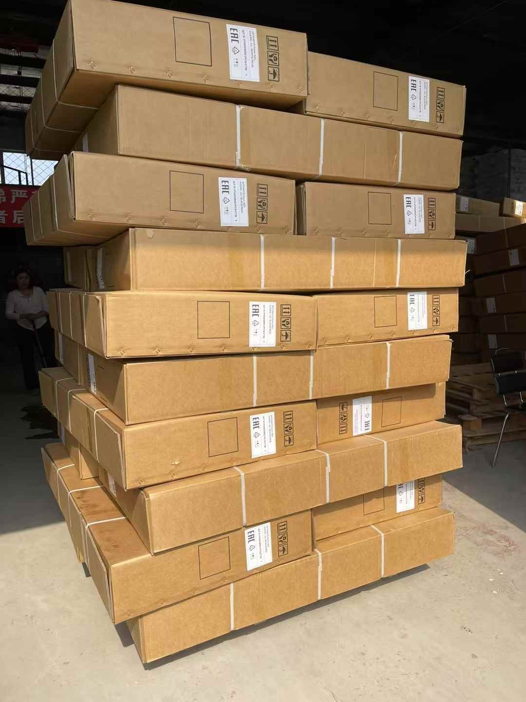 Labelled export cartons stacked in the warehouse