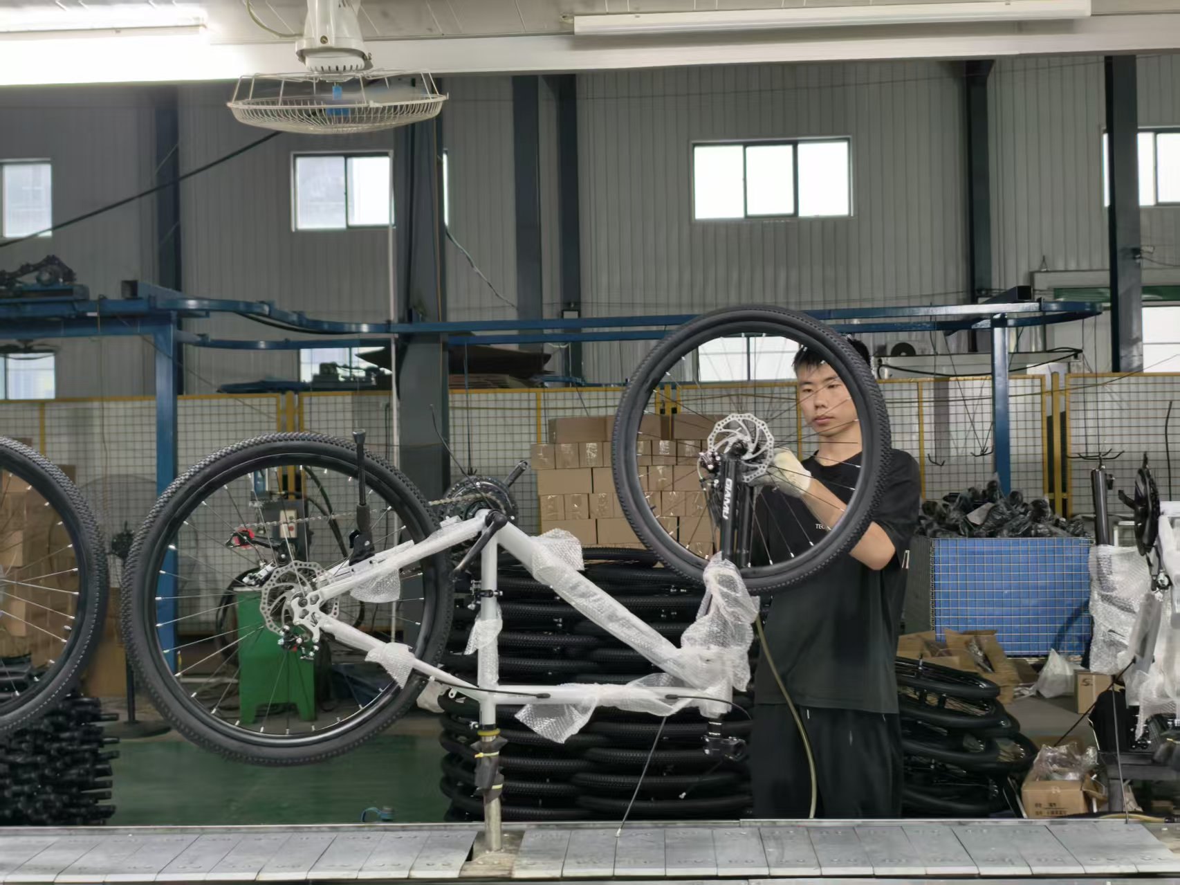 Wheel mounting station on the assembly line