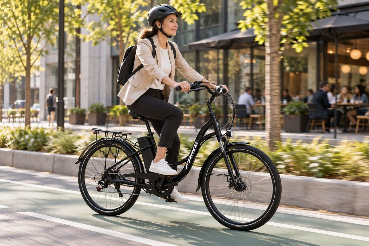 TOJEN Urban family — commuter riding an e-bike through the city