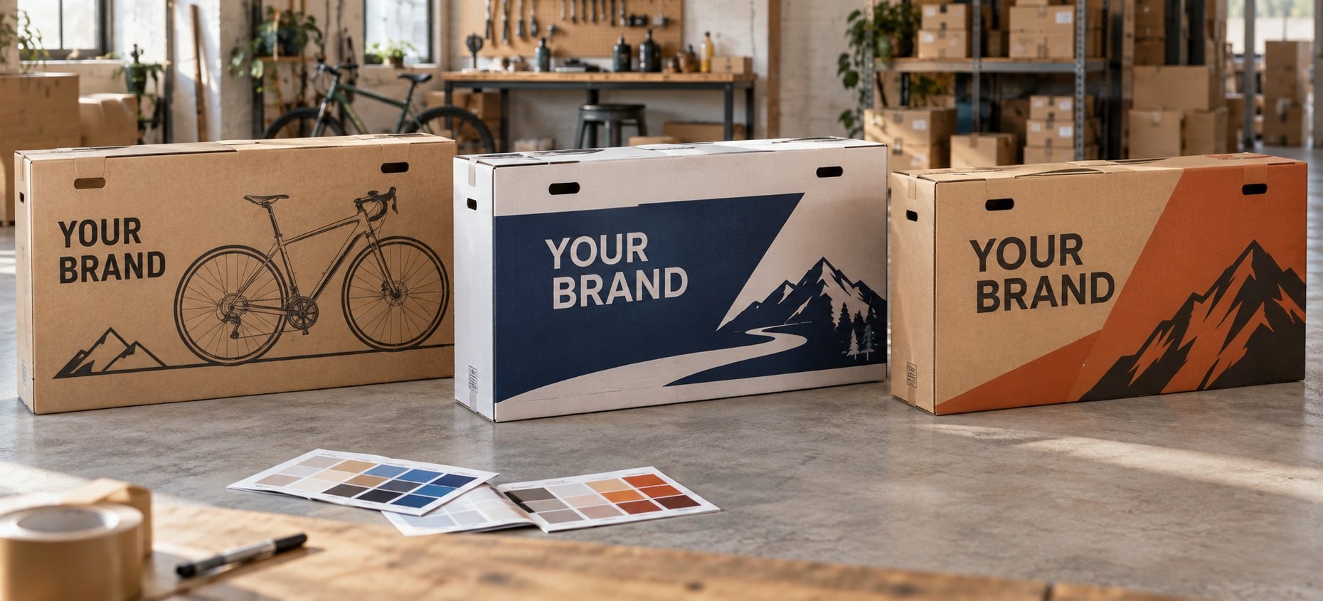 Three carton design directions with colour swatch cards